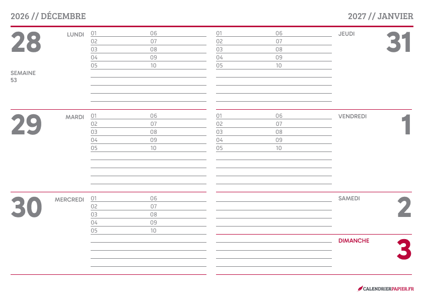 Aperçu calendrier annuel 2027 avec numéro de semaine France