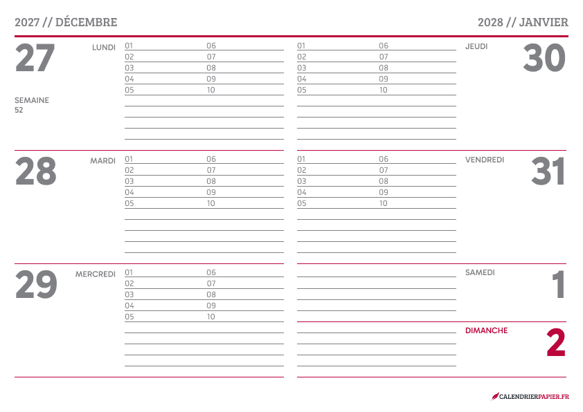 Aperçu calendrier annuel 2028 avec numéro de semaine France