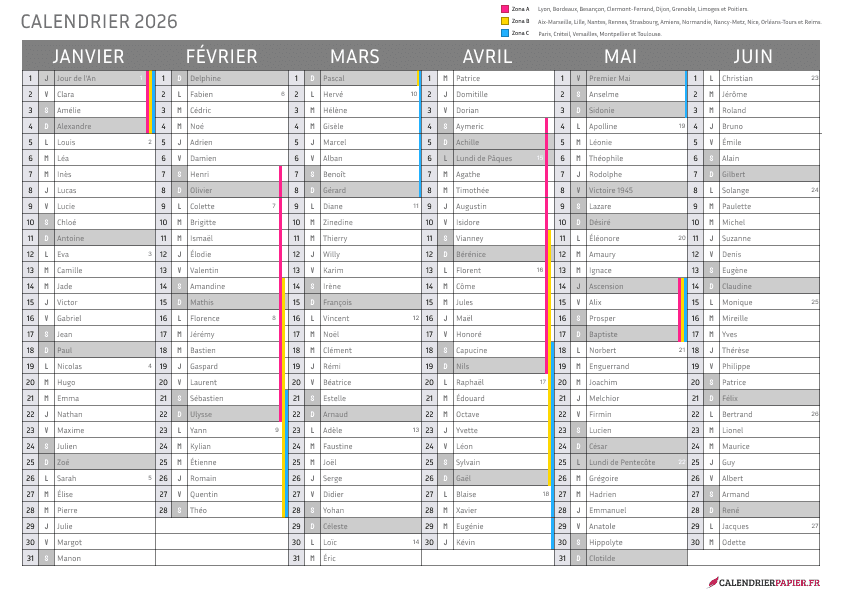 Aperçu calendrier annuel 2026 avec phases de lune France