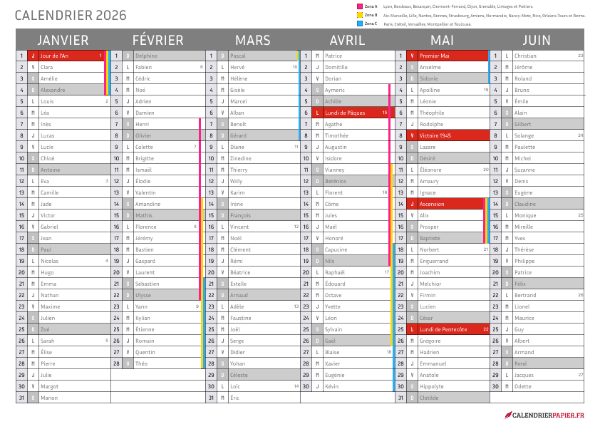 Aperçu calendrier annuel 2026 France