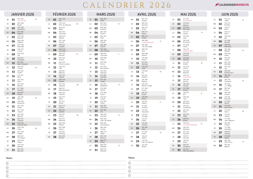 Aperçu calendrier annuel 2026 avec jours fériés France