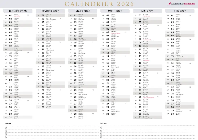 Aperçu calendrier annuel 2026 avec jours fériés France