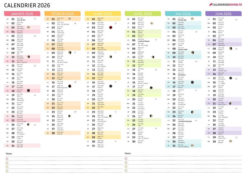 Aperçu calendrier annuel 2026 avec phases de lune France