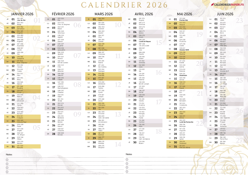 Aperçu calendrier annuel 2026 avec numéro de semaine France
