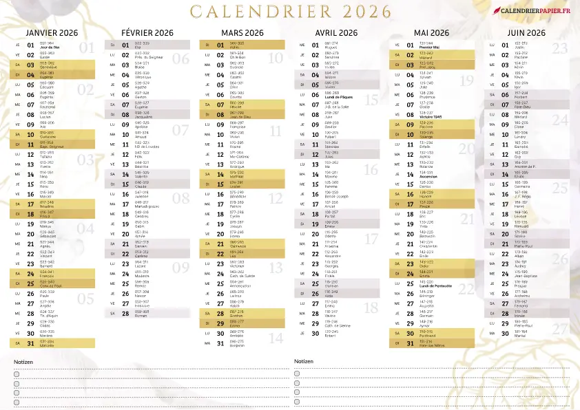 Aperçu calendrier annuel 2026 avec numéro de semaine France
