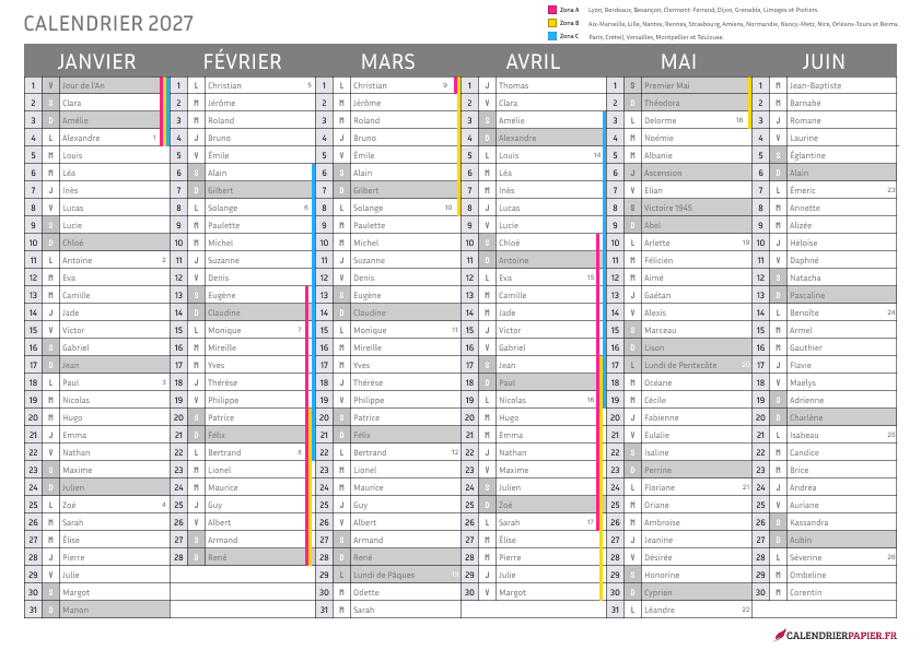 Aperçu calendrier annuel 2027 avec phases de lune France