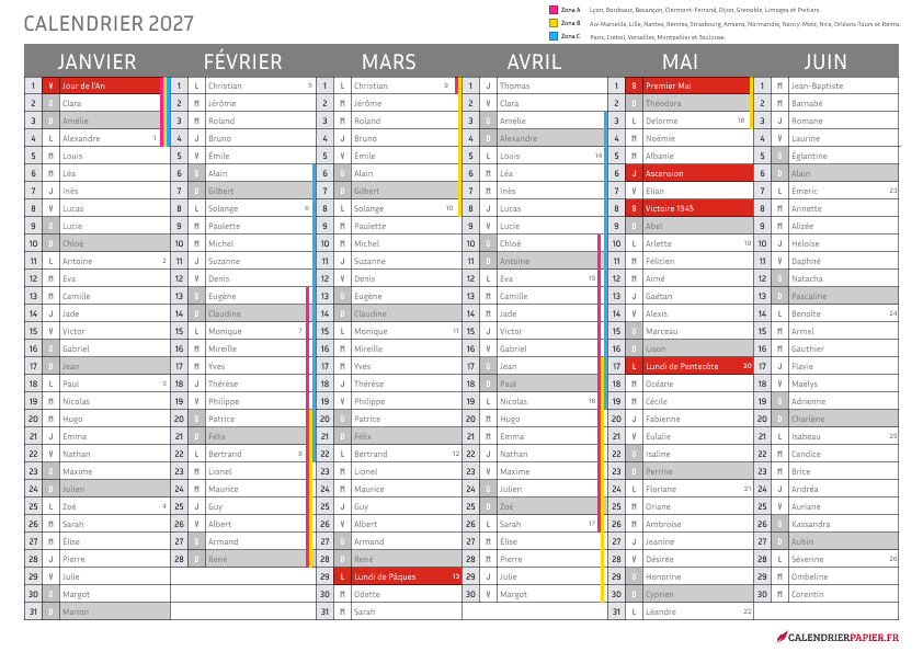 Aperçu calendrier annuel 2027 France