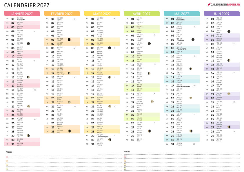 Aperçu calendrier annuel 2027 avec phases de lune France