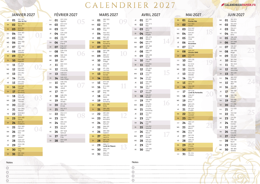 Aperçu calendrier annuel 2027 avec numéro de semaine France