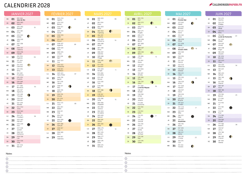 Aperçu calendrier annuel 2028 avec phases de lune France