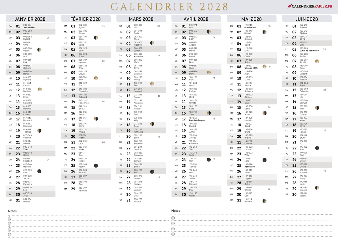 Aperçu calendrier annuel 2028 avec phases de lune France