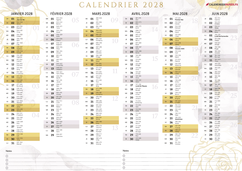 Aperçu calendrier annuel 2028 avec numéro de semaine France
