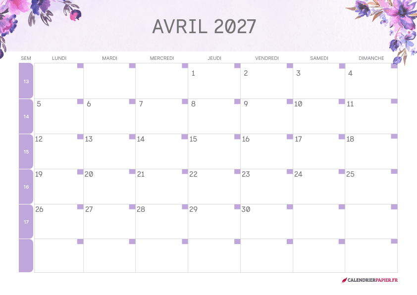 Calendrier avril 2027 thème fleurs à imprimer — anémones violettes