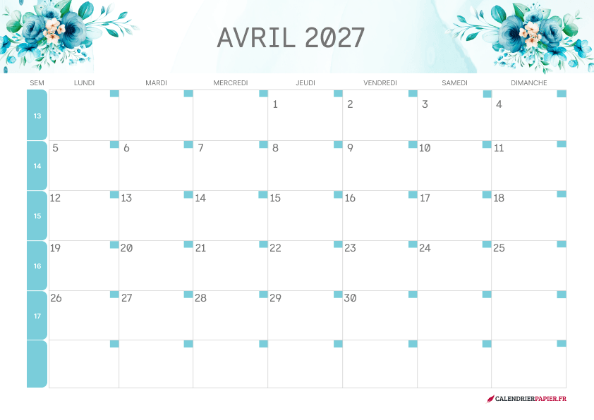 Calendrier avril 2027 thème fleurs à imprimer — roses turquoise