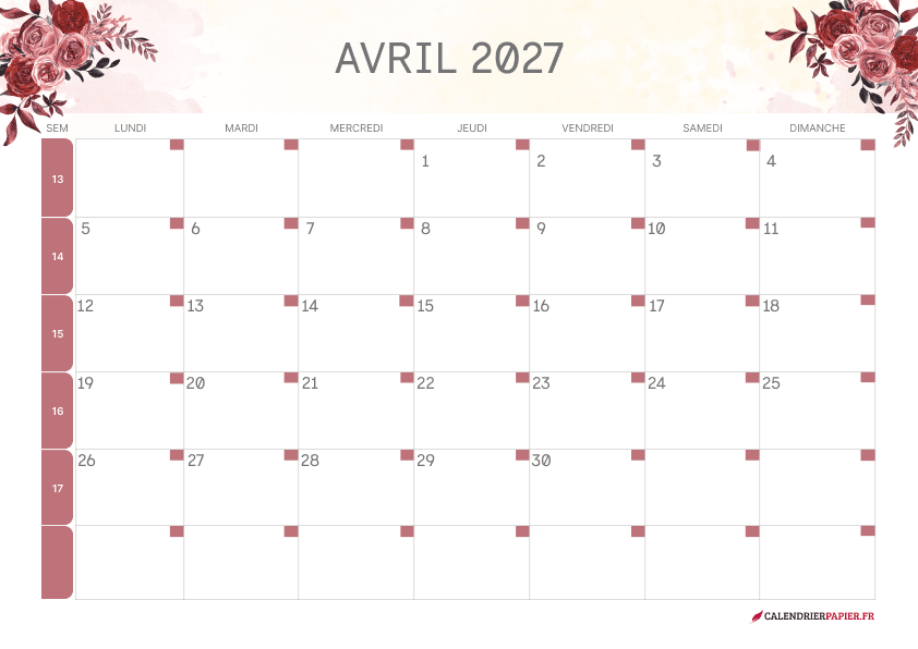 Calendrier avril 2027 thème fleurs à imprimer — roses bordeaux