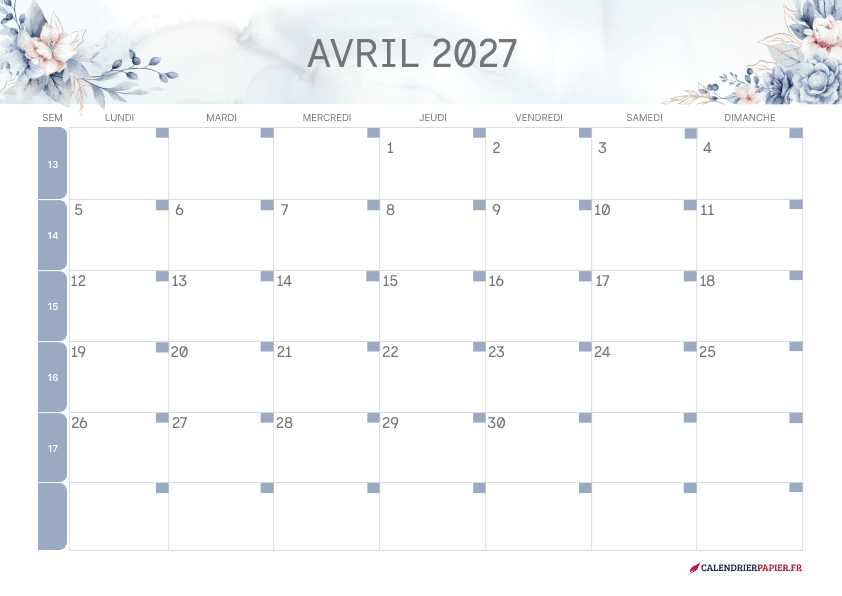 Calendrier avril 2027 thème fleurs à imprimer — fleurs bleu pâle