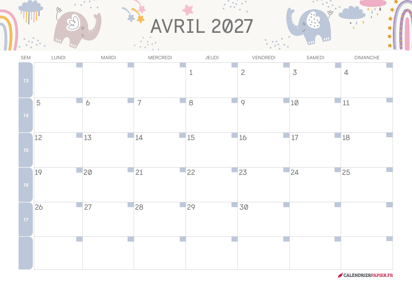 Calendrier avril 2027 thème enfant à imprimer — éléphants et arc-en-ciel