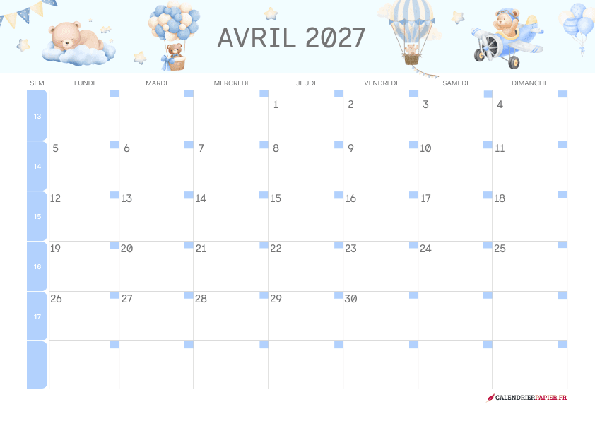 Calendrier avril 2027 thème enfant à imprimer — oursons et montgolfière