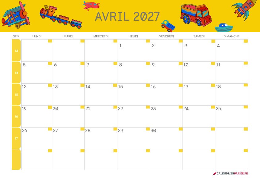 Calendrier avril 2027 thème enfant à imprimer — jouets en bois