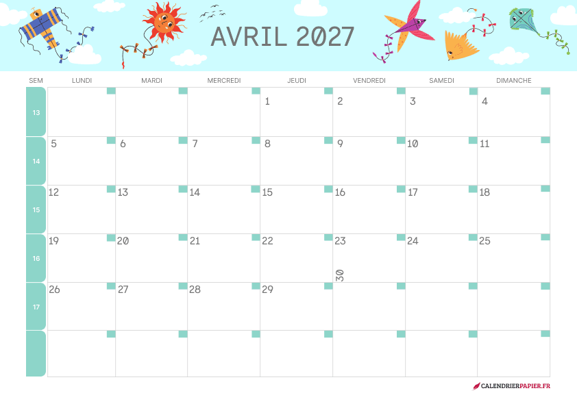 Calendrier avril 2027 thème enfant à imprimer — cerfs-volants