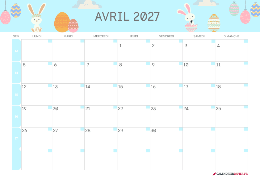 Calendrier avril 2027 thème Pâques à imprimer — lapins blancs et œufs suspendus