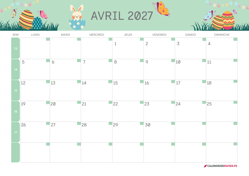 Calendrier avril 2027 thème Pâques à imprimer — œufs dans l’herbe et papillons