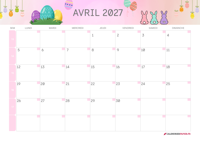 Calendrier avril 2027 thème Pâques à imprimer — œufs suspendus et lapins colorés
