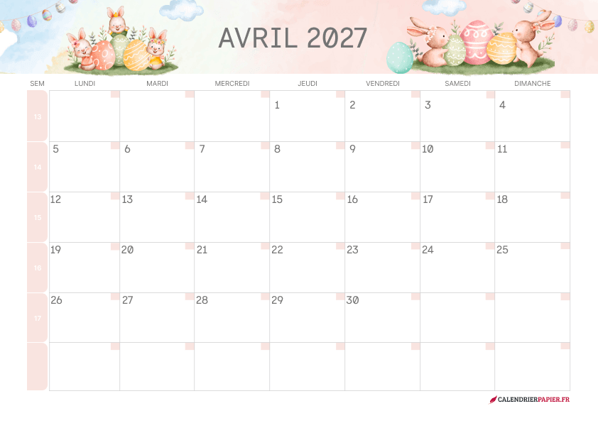 Calendrier avril 2027 thème Pâques à imprimer — famille de lapins à l’aquarelle