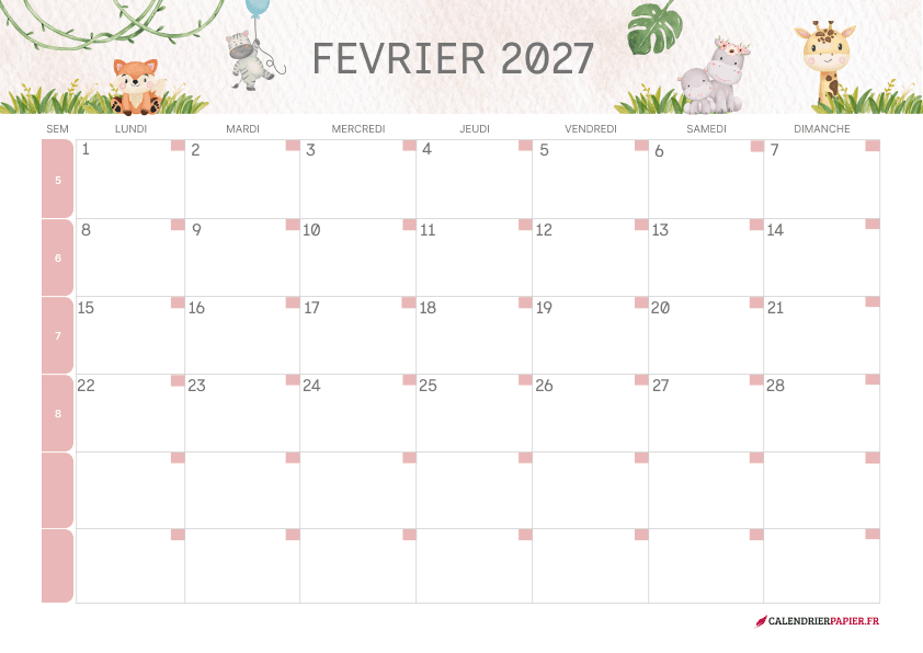 Calendrier février 2027 thème enfant à imprimer — animaux de la savane