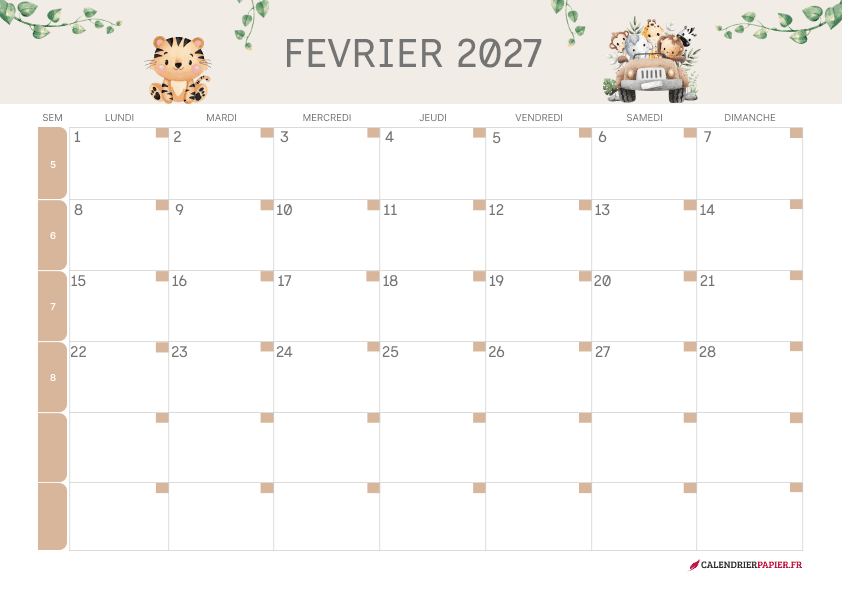 Calendrier février 2027 thème enfant à imprimer — animaux en balade