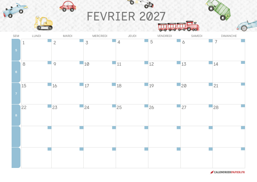 Calendrier février 2027 thème enfant à imprimer — véhicules