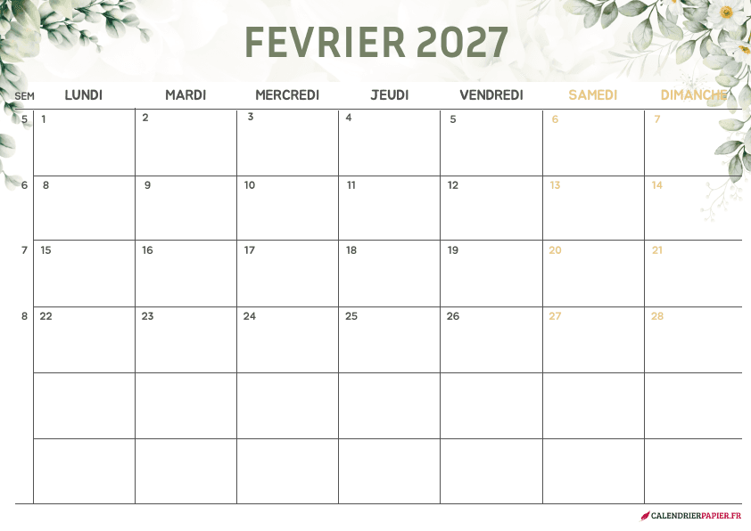 Calendrier février 2027 thème fleurs à imprimer — eucalyptus et fleurs blanches