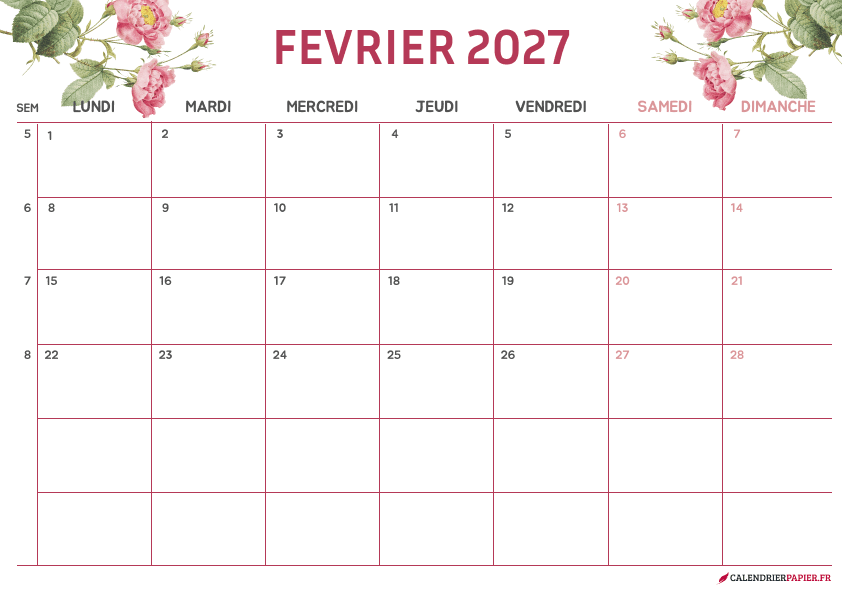 Calendrier février 2027 thème fleurs à imprimer — fleurs roses aquarelle
