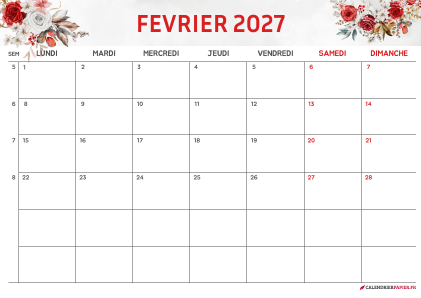 Calendrier février 2027 thème fleurs à imprimer — roses rouges