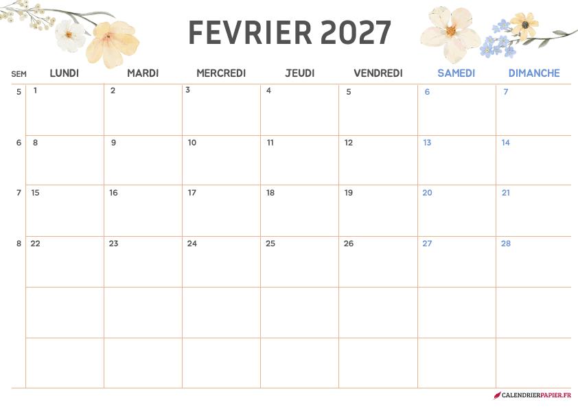 Calendrier février 2027 thème fleurs à imprimer — fleurs jaunes et blanches
