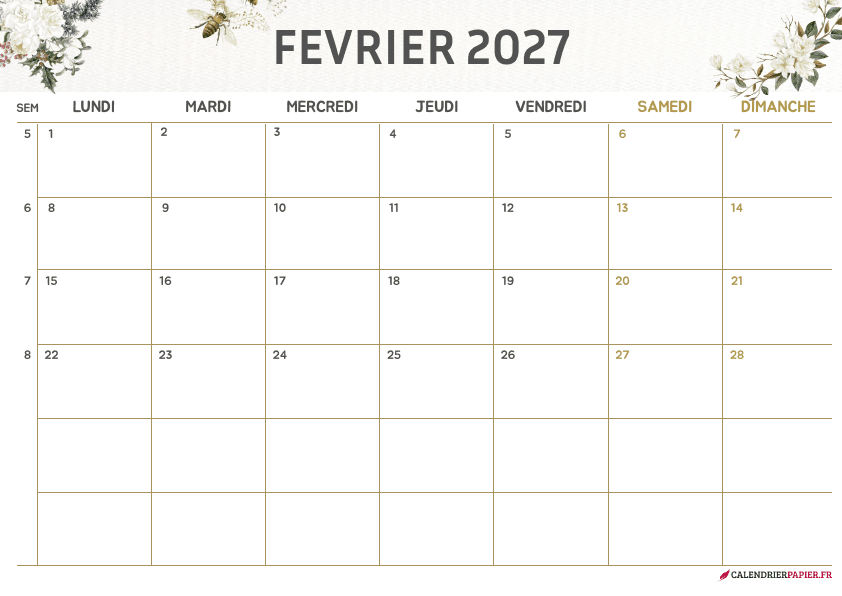 Calendrier février 2027 thème fleurs à imprimer — magnolias et eucalyptus