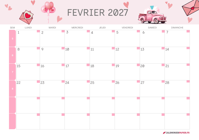 Calendrier février 2027 thème Saint-Valentin à imprimer — enveloppes et ballons cœur