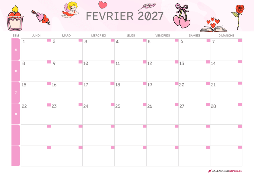 Calendrier février 2027 thème Saint-Valentin à imprimer — cupidon et cœur transpercé