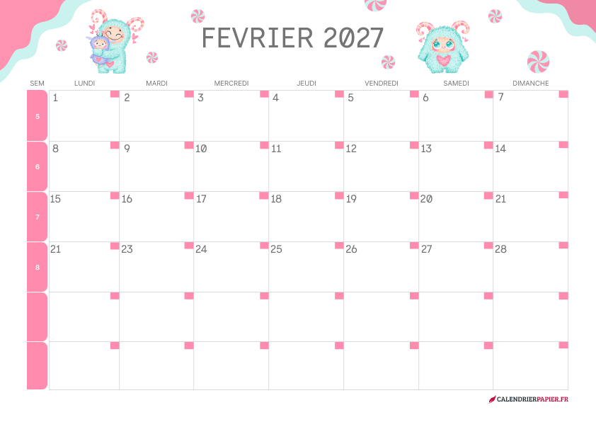 Calendrier février 2027 thème Saint-Valentin à imprimer — personnages kawaii et sucettes