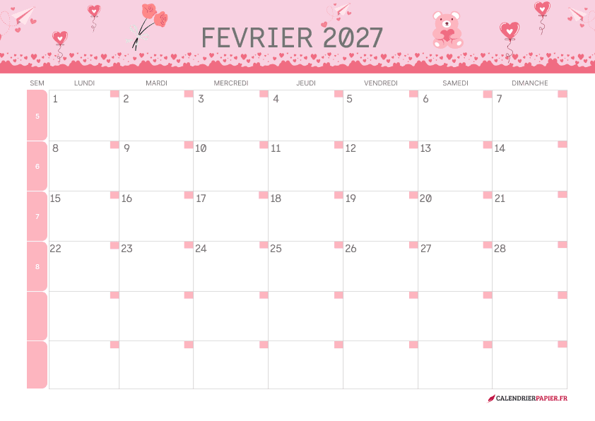 Calendrier février 2027 thème Saint-Valentin à imprimer — ourson et frise de cœurs