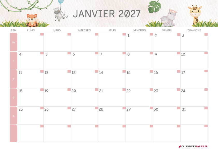 Calendrier janvier 2027 thème enfant à imprimer — animaux de la savane