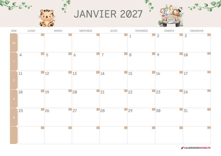 Calendrier janvier 2027 thème enfant à imprimer — animaux en balade