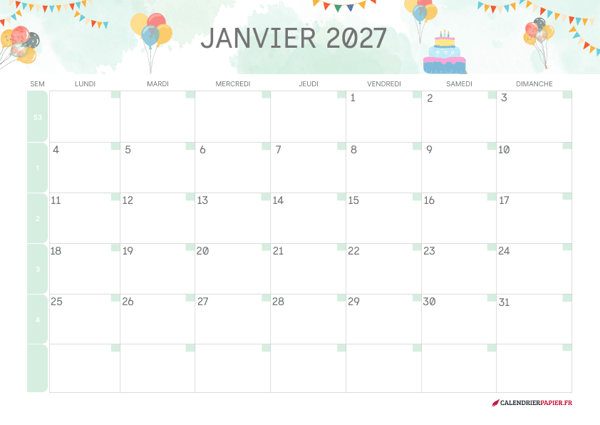 Calendrier janvier 2027 thème enfant à imprimer — anniversaire et ballons