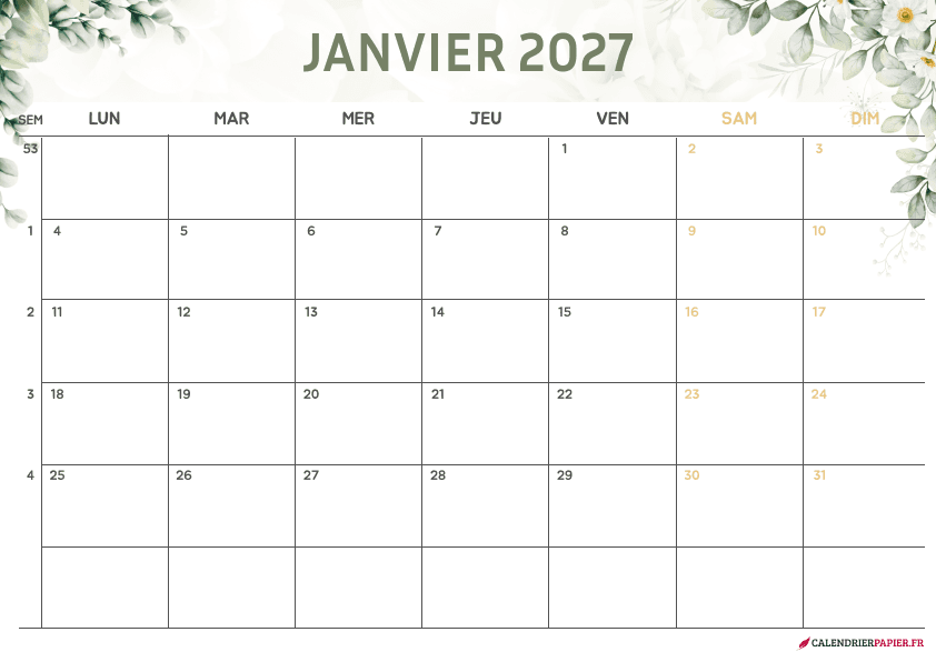 Calendrier janvier 2027 thème fleurs à imprimer — eucalyptus et fleurs blanches