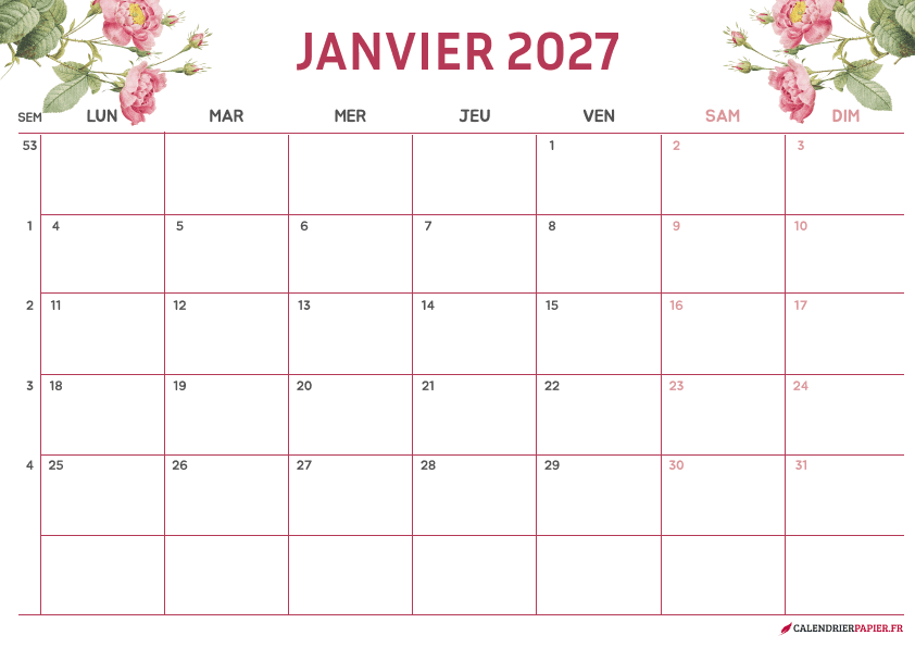 Calendrier janvier 2027 thème fleurs à imprimer — fleurs roses aquarelle