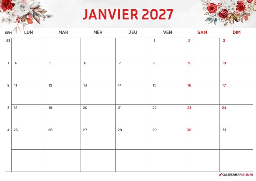 Calendrier janvier 2027 thème fleurs à imprimer — roses rouges