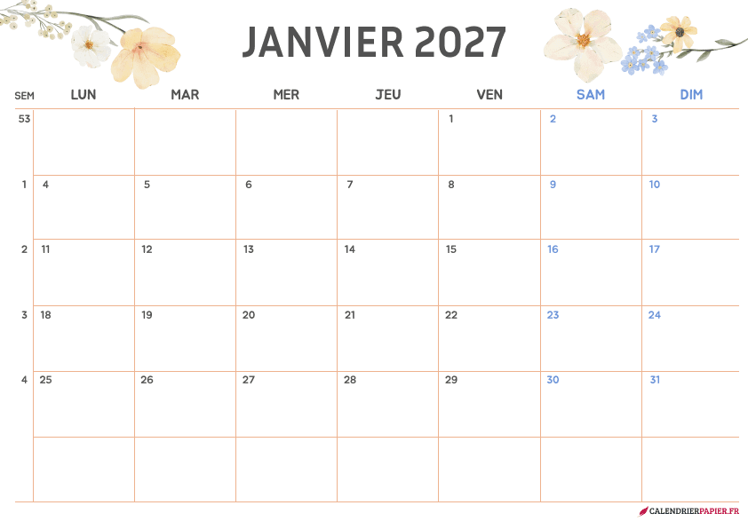 Calendrier janvier 2027 thème fleurs à imprimer — fleurs jaunes et blanches