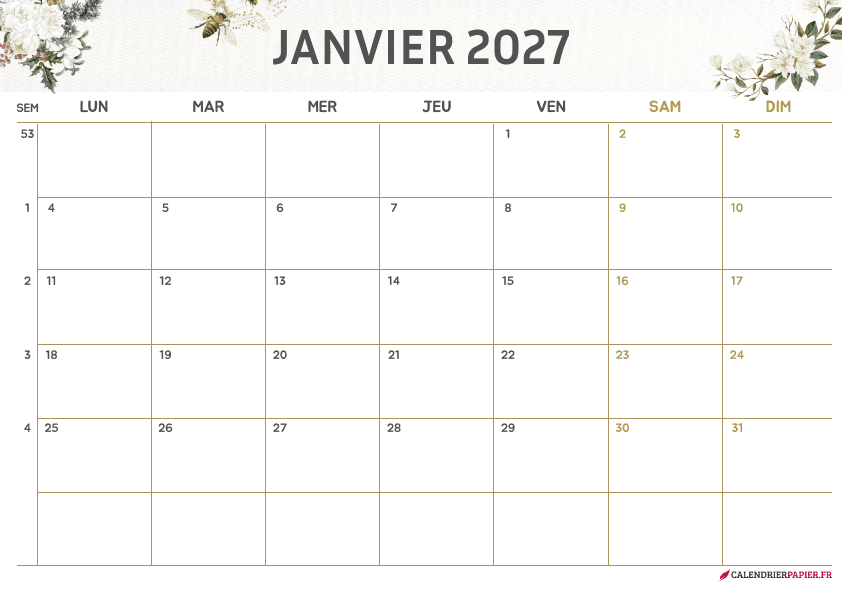 Calendrier janvier 2027 thème fleurs à imprimer — magnolias et eucalyptus