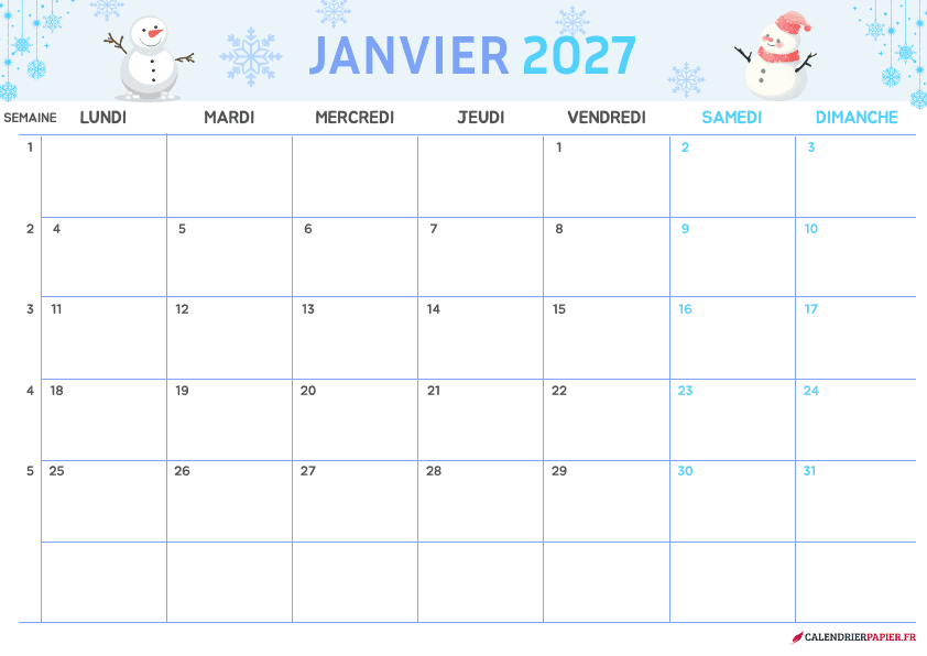 Calendrier janvier 2027 thème hiver à imprimer — bonhommes de neige et flocons