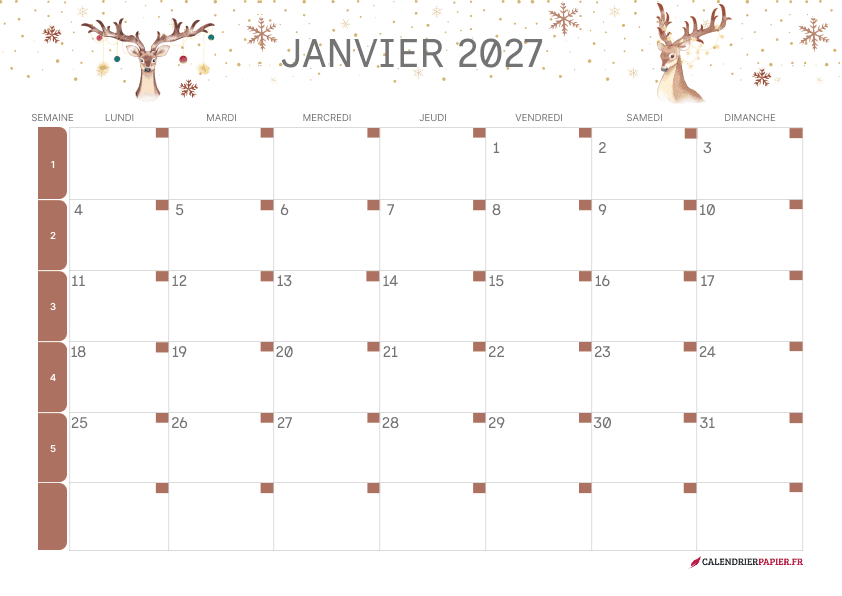 Calendrier janvier 2027 thème hiver à imprimer — rennes et guirlandes